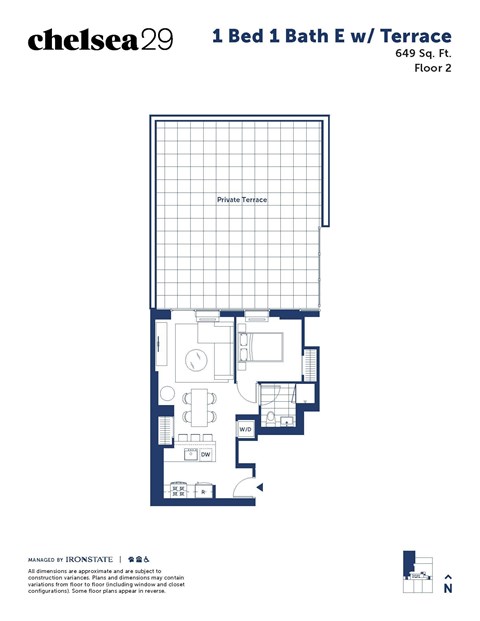 A floor plan for a 1 Bed 1 Bath E with Terrace.